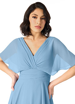Azazie Pamela Vestidos de damas de honor Vestido de Azul Acero de Gasa de Corte en A con Cuello en V plisado image4