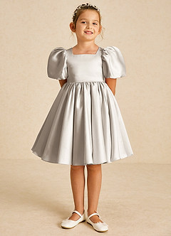 Azazie Muffin Flower Girl Dresses Frost A-Line with Sleeves Matte Satin Dress image2