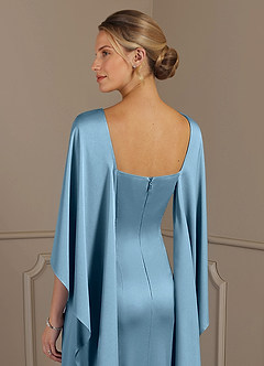 Azazie Eli Mother of the Bride Dresses Steel Blue Sheath Boatneck Stretch Satin Dress image6