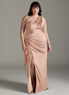 Azazie Maive Bridesmaid Dresses Rose Gold Sheath Ruched Stretch Satin Dress image10