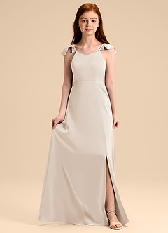 Azazie Everett Junior Vestido de Alabastro Blanco de Satén Elástico de Corte en A con Lazo image1
