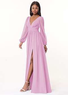 Azazie Norah Bridesmaid Dresses Candy Pink A-Line V-Neck Long Sleeve Chiffon Dress image4