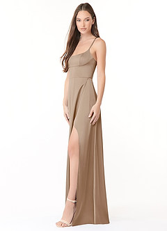 Azazie Halsey Bridesmaid Dresses Taupe Sheath Side Slit Stretch Satin Dress image4