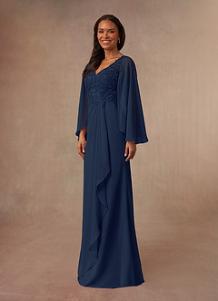 Azazie Perry vestidos de madre de la novia Vestido de Azul Marino Oscuro de Gasa de Sirena con Encaje cuello pico image2