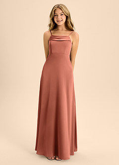 Azazie Anselie Junior Jurk van Stretch Satijn met A-Lijn Off the Shoulder Klei image3