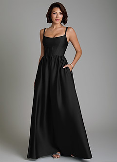 Azazie Mona Bridesmaid Dresses Black A-Line Corset Stretch Satin Dress image1