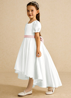 Azazie Zippy Flower Girl Dresses Ivory Blushing Pink A-Line with Sleeves Matte Satin Dress image1
