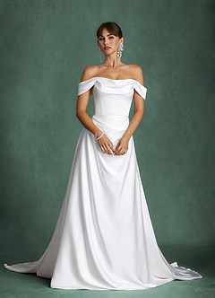 Azazie Brittney Wedding Dresses Diamond White A-Line Off the Shoulder Stretch Satin Dress image6