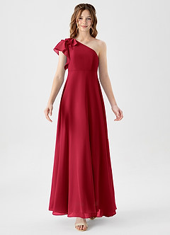 Azazie Arabella Junior Abito A-Line in Chiffon Increspato Scarlatto image5