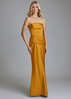 Azazie Lenya Bridesmaid Dresses Butterscotch Sheath Pleated Stretch Satin Dress image5