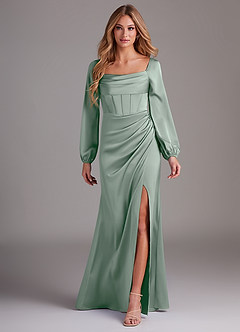 Azazie Charissa Bridesmaid Dresses Agave Sheath Long Sleeve Stretch Satin Dress image1