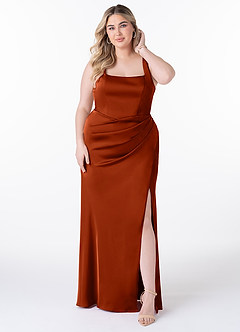Azazie Mero Bridesmaid Dresses Paprika Sheath Pleated Stretch Satin Dress image6