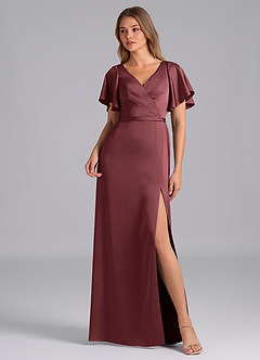 Azazie Ambrosia Bridesmaid Dresses Merlot A-Line Pleated Stretch Satin Dress image1