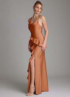 Azazie Jayda 신부 들러리 드레스 A라인 셔링 스트레치 새틴 바닥 길이 드레스 image5