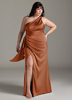 Azazie Maive Bridesmaid Dresses Copper Sheath Ruched Stretch Satin Dress image6
