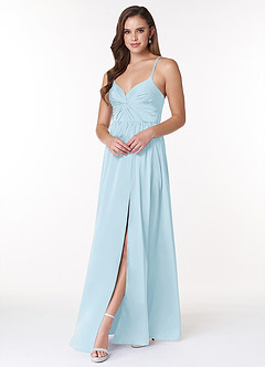 Azazie Raya Bridesmaid Dresses Sky Blue A-Line V-Neck Pleated Stretch Satin Dress image3