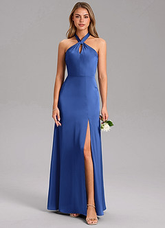 Azazie Tracie Bridesmaid Dresses Royal Blue A-Line Side Slit Stretch Satin Dress image3