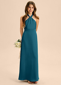 Azazie Beah Junior Vestido de Azul Tinta de Satén Elástico de Corte en A con Plisado image4