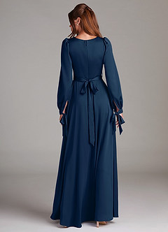 Azazie Leonia Bridesmaid Dresses Dark Navy A-Line Long Sleeve Stretch Satin Dress image2