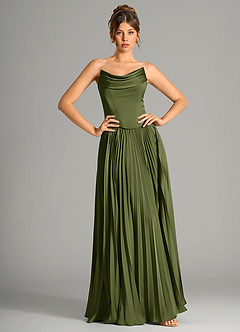 Azazie Saedra Bridesmaid Dresses Olive A-Line Corset Stretch Satin Dress image3
