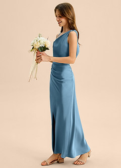 Azazie Madelyn Junior Osłona Zza ramienia Satyna elastyczna Długość podłogi Młodsza druhna Sukienka image3