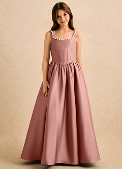 Azazie Enid Girls Formal Blomsterpigekjoler A-Line Perlebesat Stræk satin Gulv-længde Kjole image5