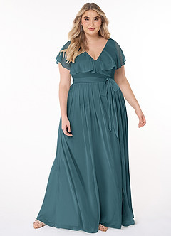 Azazie Jael Brautjungfernkleider A-Linie V-Hals Gittergewebe Kleid Bermudablau image7