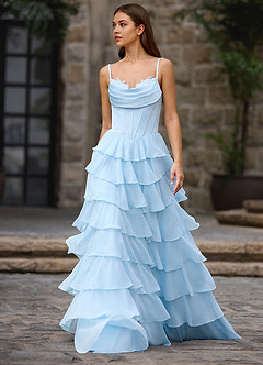 Floralace Sky Blue Ruffled A-line Prom Dress image8