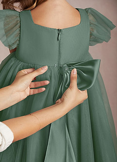 Azazie Kalio Flower Girl Dresses Eucalyptus A-Line with Sleeves Tulle Dress image4