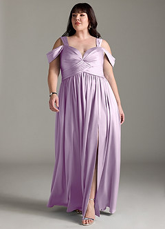 Azazie Lianne Bridesmaid Dresses Frosted Lilac A-Line Off the Shoulder Stretch Satin Dress image3