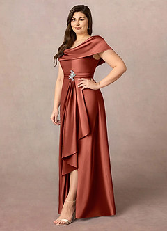 Azazie Branford Mère de la mariée Robes Robe Trapèze en Satin extensible Plissée Terracotta image11