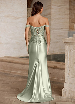 Linange Hellgrün Off-Shoulder Spitzen-Korsett Satin-Kleid mit Schlitz image2