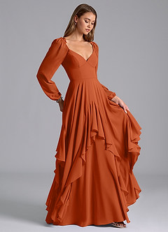Azazie Karan Bridesmaid Dresses Burnt Orange A-Line Long Sleeve Chiffon Dress image4