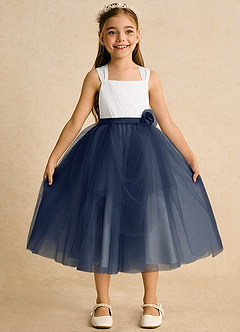 Azazie Bonny Flower Girl Dresses Ivory Dark Navy Ball-Gown Pleated Tulle Dress image7