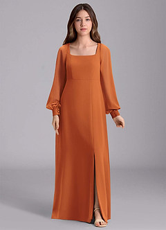 Azazie Bondi Junior Cinnamon A-Line Blouson Chiffon Dress image7