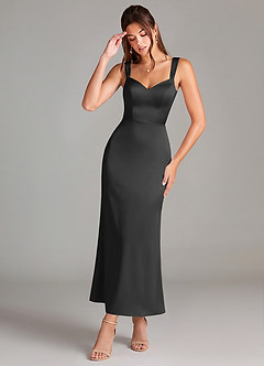 Azazie Denice Bridesmaid Dresses Black Sheath Pleated Stretch Satin Dress image1