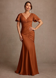 Azazie Jolene Mother of the Bride Dresses Burnt Orange Mermaid Pleated Floral Burnout Dress image1