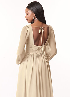 Azazie Norah At-home Try On Dresses Champagne A-Line V-Neck Long Sleeve Chiffon Dress image3
