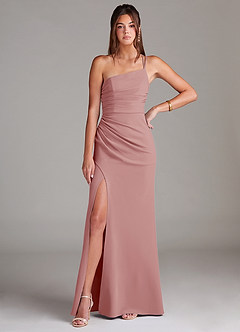 Azazie Eren Robes de demoiselle d'honneur Robe Fourreau en Crêpe Élastique Ue épaule Rose Poussiéreuse image3