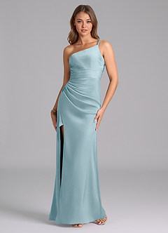 Azazie Eren Vestidos de damas de honor Vestido de Azul Malhumorado de Satén Elástico de Corte Sirena con Hombro unilateral image2