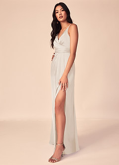 Azazie Aqua Bridesmaid Dresses White Alabaster A-Line V-Neck Pleated Stretch Satin Dress image5