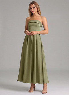 Azazie Lucienne 신부 들러리 드레스 A라인 주름진 스트레치 새틴 발목 길이 드레스 image4