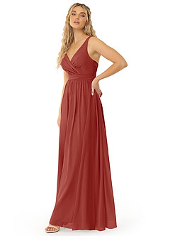 Azazie Kora Vestidos de damas de honor Vestido de Terracota de Gasa de Corte en A con Plisado image4