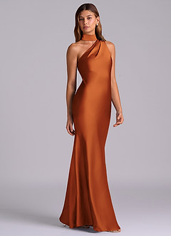 Azazie Seona Robes de demoiselle d'honneur Robe Sirène en Satin extensible Ue épaule Cannelle image5