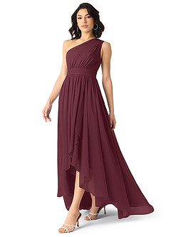 Azazie Mathilda Bridesmaid Dresses Cabernet A-Line One Shoulder Chiffon Dress image3