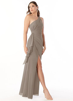 Azazie Maive Bridesmaid Dresses Taupe Sheath Pleated Ruffle Chiffon Dress image3