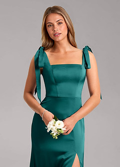 Azazie Frostine Bridesmaid Dresses Peacock A-Line Bow Stretch Satin Dress image4