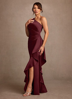 Azazie Yvette vestidos de madre de la novia Vestido de Cabernet de Satén Elástico de Corte Recto con Hombro unilateral image4