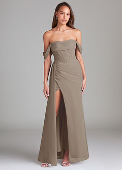 Azazie Amyra Bridesmaid Dresses Taupe Sheath Off the Shoulder Chiffon Convertible Dress image1