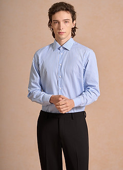 front Aiden White Pale Blue 100% Cotton Non-Iron Striped Dress Shirt